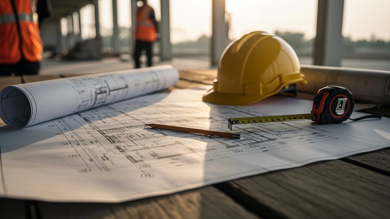 Construction blueprints with yellow hard hat and tape measure on wooden table