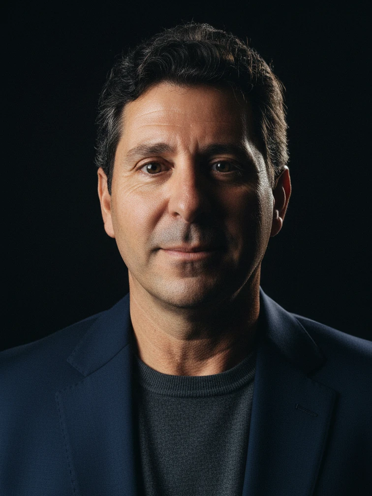 Doug Esposito, professional headshot in navy blazer against black background