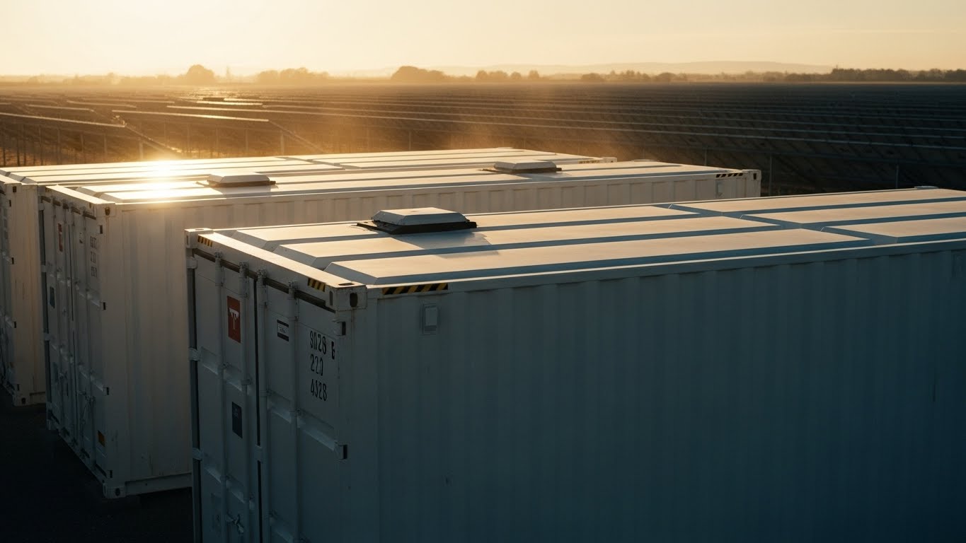 Industrial battery storage containers in solar field at golden sunrise