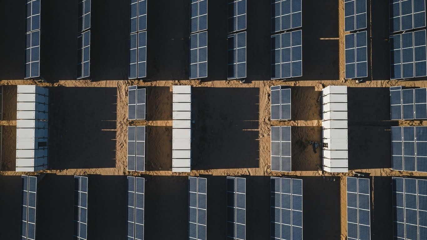 Aerial view of solar farm grid with blue panels and white inverter stations