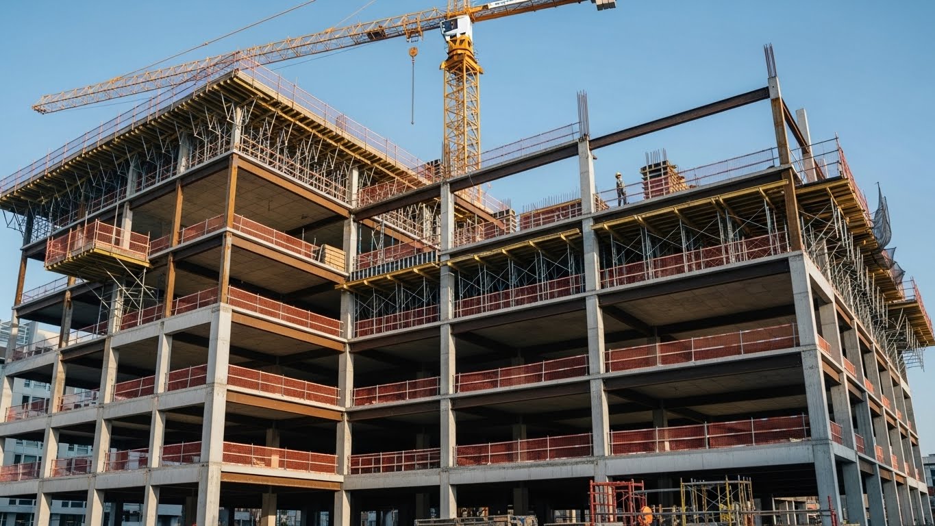 Multi-story building under construction with yellow crane against blue sky